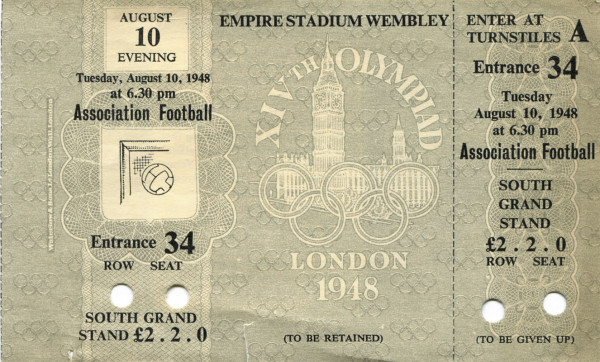 Olympic Games 1948. Ticket Football Sweden v Denm