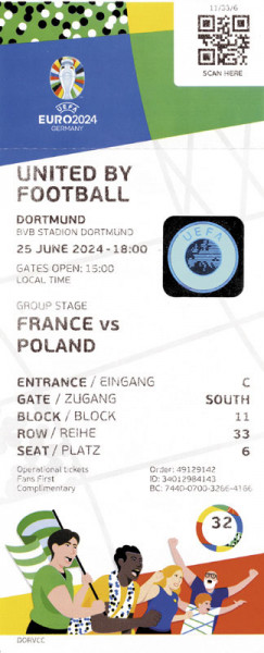 UEFA Euro 2024 Official paper Ticket France v pol