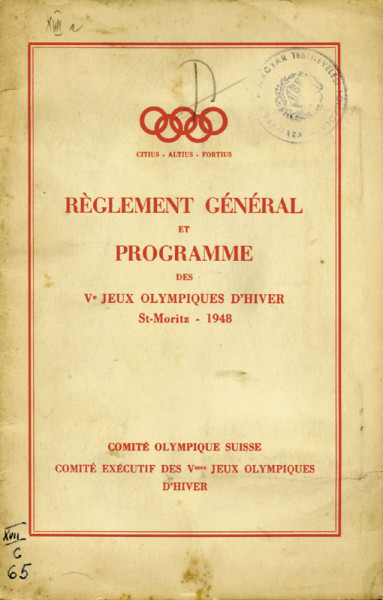 Reglement General et Programm. Ve Jeux Olympiques d´hiver St.Moritz 1948.