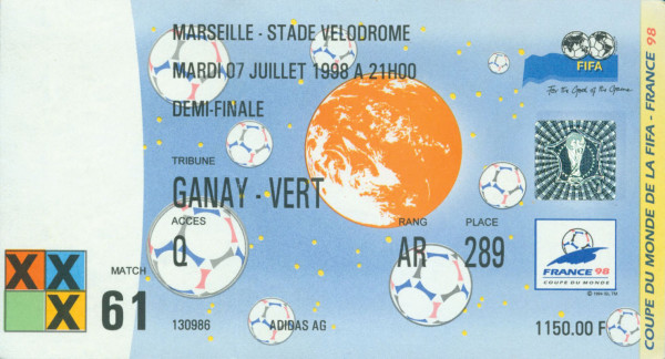 Halbfinale Ticket WM Frankreich 1998., Eintrittskarte WM1998