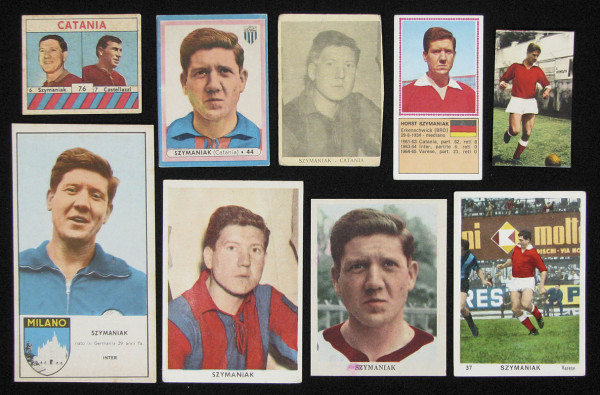 10 verschiedene original Sammelbilder 1961 - 1971 aus Italien mit dem Porträt des deutschen Nationalspielers Horst Szymaniak 6,3x3,6 cm bis 12x6,5 cm Karton + Papier.