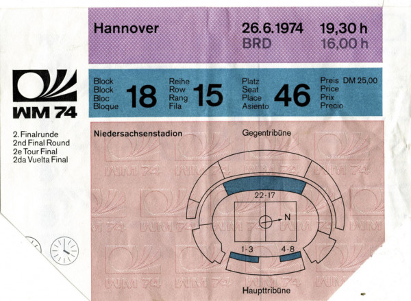 World Cup 1974. Ticket Brazil vs. GDR