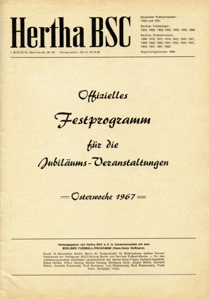 Offizielles Festprogramm für die Jubiläumsveranstaltungen. Osterwoche 1967.