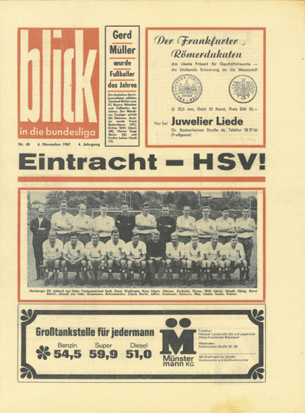 Bundesligaspiel Eintracht Frankfurt - HSV vom 4.11.1967. Programm "Blick in die Bundesliga".