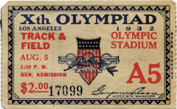 Ticket Olympic Games 1932. Track + Field Atletics