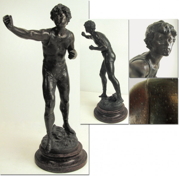 Große Boxer Bronzeskulptur, Spritzguss, Plinthe aus Holz mit Metallplakette "Boxeurs Par Louis Morea