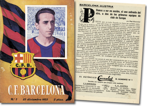 Programmheft für das Freunschaftsspiel FC Barcelona - Austria Wien. 25.12.1953 in Barcelona.