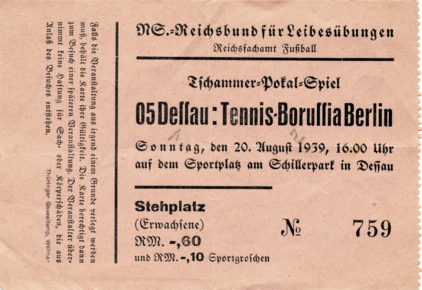 Tschammer Pokal Spiel Dessau 05 - Tennis Borussia , Eintrittskarte P1939