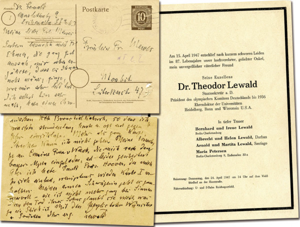 (1860 - 15.4.1947) Handschriftliche Postkarte von , Lewald, Theodor