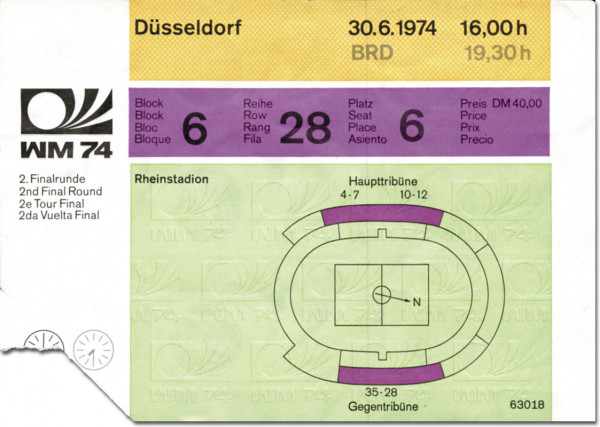 Deutschland - Schweden 30.06.1974, Eintrittskarte WM1974