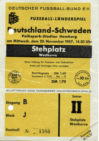 Football Ticket 1957 Germany v Sweden