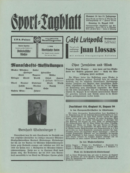 Wacker München v Austria Wien, 14.8.1938. Fußball - Programm "Sport - Tagblatt".
