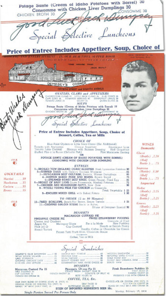 Dempsey,Jack: (1895-1983) Alte Menükarte "Restaurant Dempsey's"