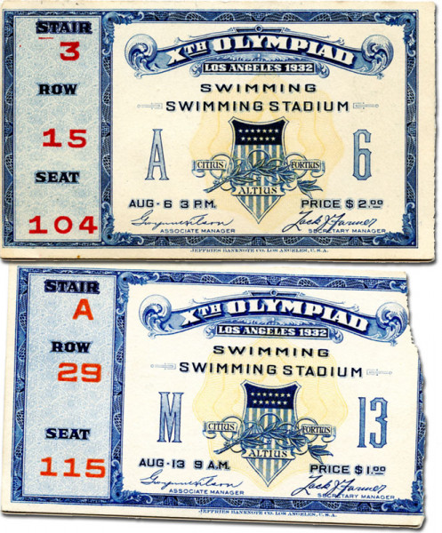 Olympic Games 1932: Two Tickets Swimming